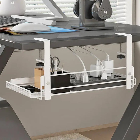 Under Desk Cable Management Tray, Hole-Free Wire Organizer Box, Computer Desk Bottom Storage Shelf for Network Socket Adapter