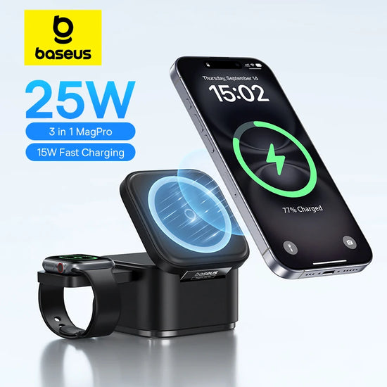 Baseus 3 in 1 25W Magnetic Wireless Charger Stand 15W Fast Wireless Charging Desktop Dock Station For iPhone16 15 14 13 Airpod