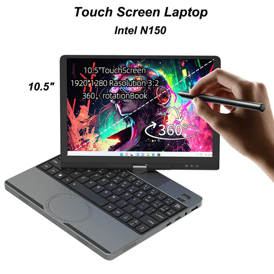 10.5Inch Touch Screen Laptop Intel N150 16GB DDR4 1TB SSD Portable Mini Office Notebook PC Full-function Type-C Port