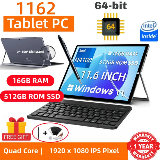 16GB RAM 512GB SSD ROM 11.6" Windows 11 Tablet PC 64bit Intel Celeron Processor N4100 1920 x 1080 Pixel 2 x USB 3.0 Type-C Port